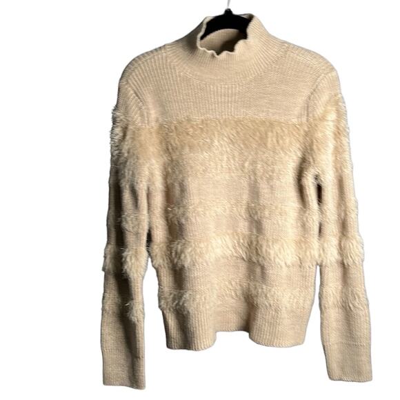 Calvin Klein Tan Faux Fur Fringe Mock Turtleneck Sweater Size XS - Picture 1 of 9